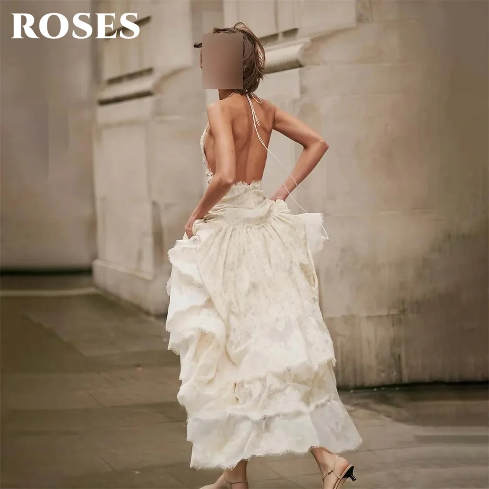 ROSES Ivory Halter Lace Wedding Dress Deep V Neck Open Back Formal Dress Tiered Ruffle Evening Dresses for Women Customized 3
