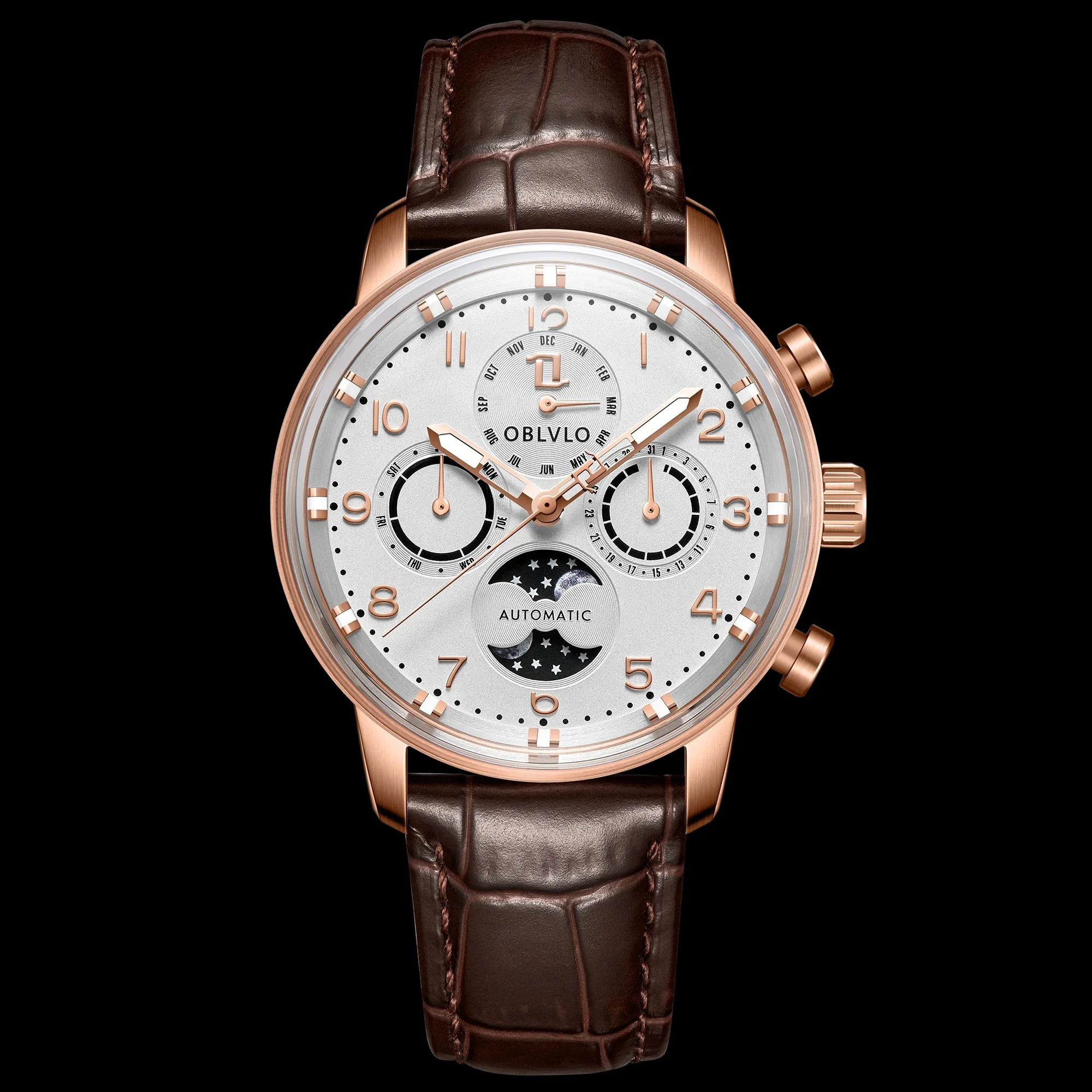 OBLVLO Men Automatic Watch 42mm Moonphase Mechanical Wristwatch Waterproof Luminous Multi-Dial Month Week Date view 5