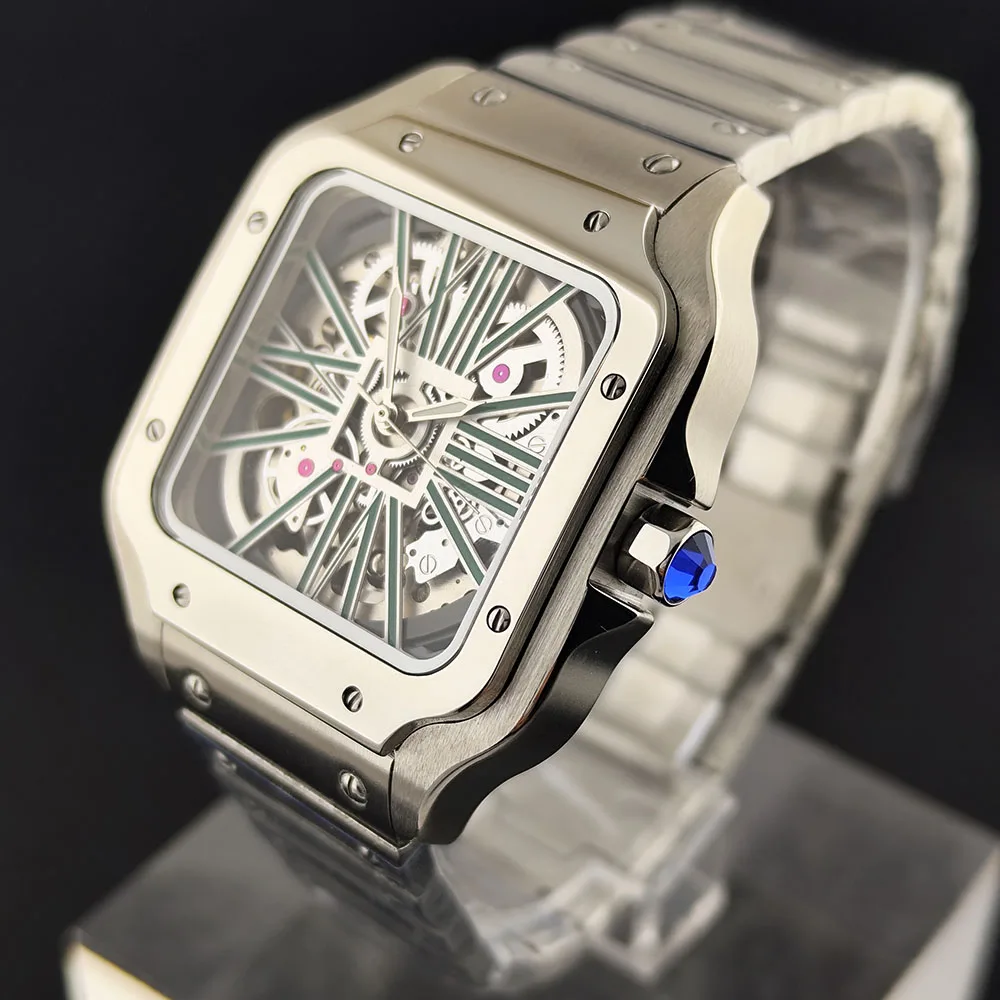 ساعة NH70 جديدة مربعة للرجال من الفولاذ المقاوم للصدأ ساعة ميكانيكية أوتوماتيكية بقرص مجوف NH70 حركة زجاج الياقوت
