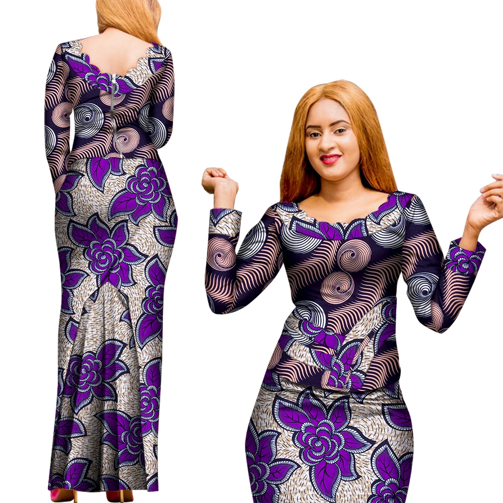 2 Pcs Skirt and Top Set African Clothes for Women African Print Women Long Sleeve Blouse and Long Skirt Ankara Outfit WY8008
