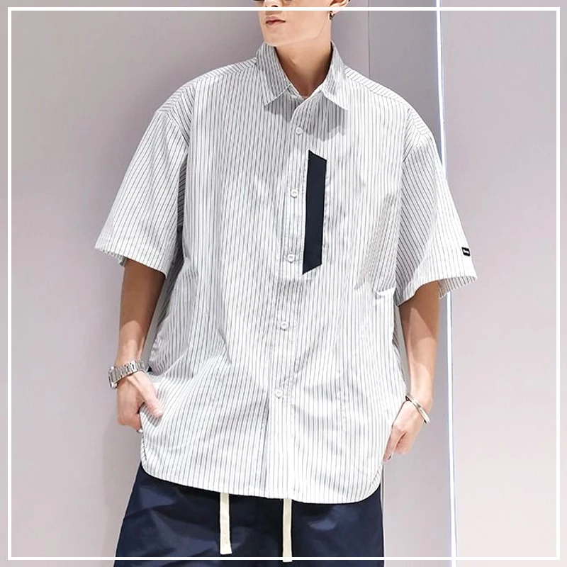2024 New Summer Handsome and Fashionable Men's Polo Collar Stripe Print Loose and Versatile Middle Sleeve Shirt for Men