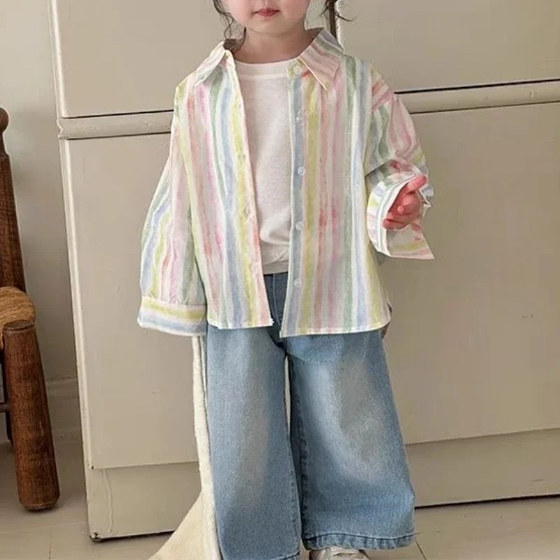 

Girl's Color Striped Shirt for Spring 2025, Fashionable Children's Lapel Shirt Top Casual Cardigan