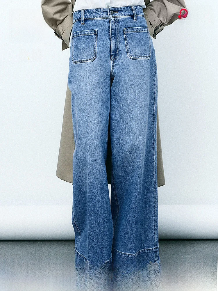 Pantaloni lunghi in denim allentato a gamba larga drappeggiati a vita alta Jeans casual da donna H&M 26750 Miscela di cotone poliestere