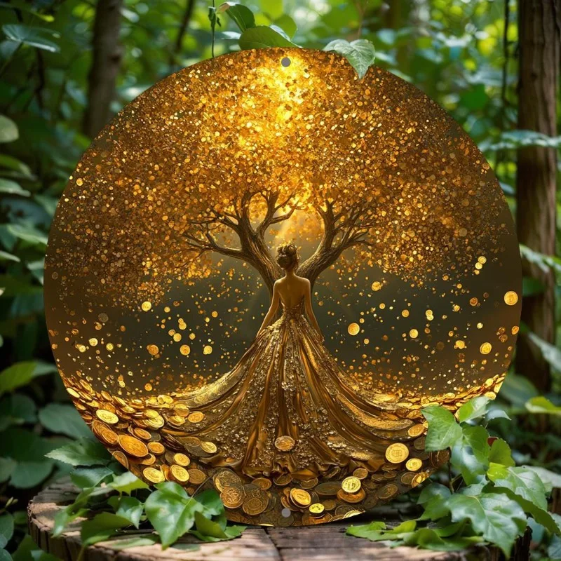 Golden Tree of Life Round Aluminum Sign, Perfect for Home, Office, Bar Decor, Ideal Valentine's Day & Holiday Gift, Room Decor