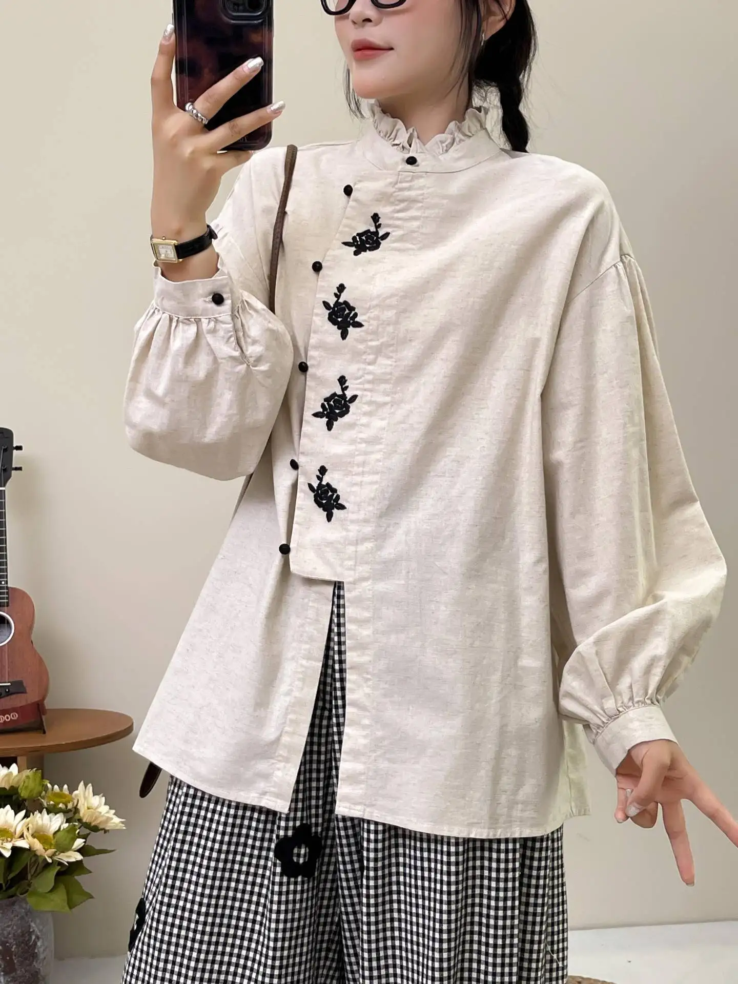 New Autumn Cotton Long Sleeve Shirt, Women Floral Embroidery Simple Top, Mori Girl Fashion Loose Blouses, 2024 Winter T48827QM