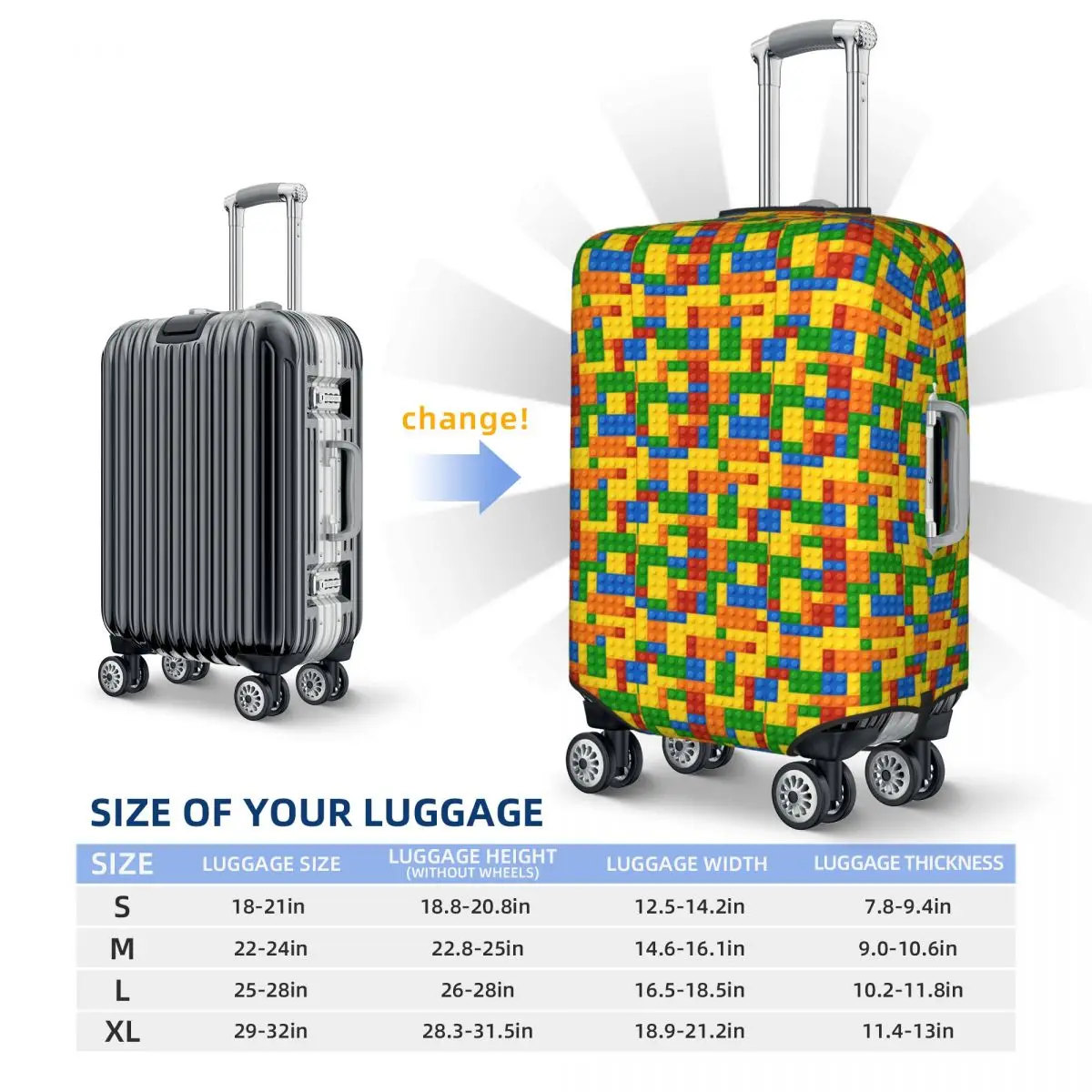 Building Blocks Construction Brick Suitcase Cover Protection Elastic Travel Luggage Protector Covers for 18-32 Inch