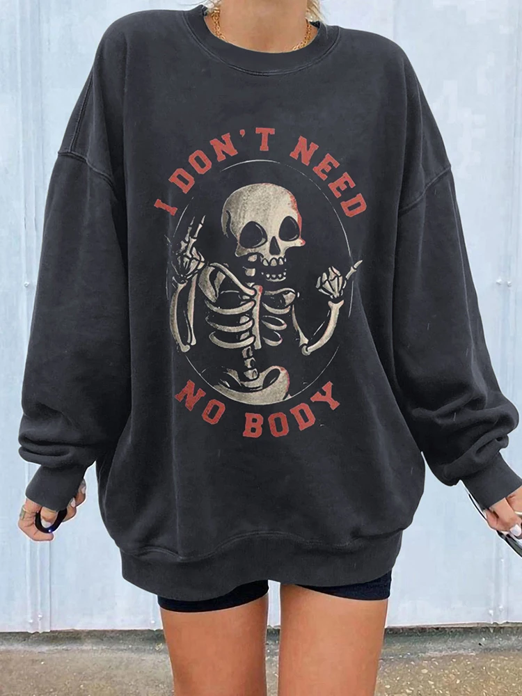 Seeyoushy Never Better Funny Skull Print Women Sweatshirts Drop Shoulder Pullovers Vintage Sweatshirt Casual Harajuku Fun Tops