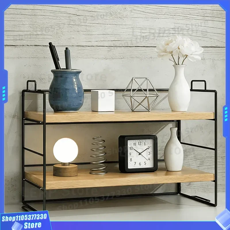 Black Wrought Iron 2 Tier Desktop Shelf Wood Grain Surface Multifunctional Storage Rack for Home Office Room Decoration