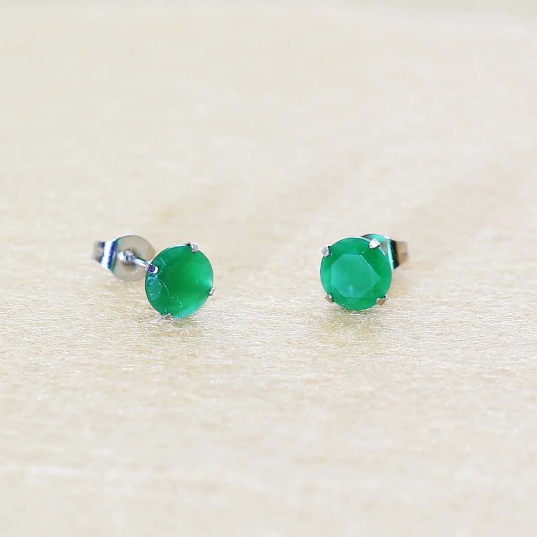 Vintage Style 2mm to 8mm  316l Stainless Steel With Green Glass Stone Push Up Stud EarringsAllergy Free