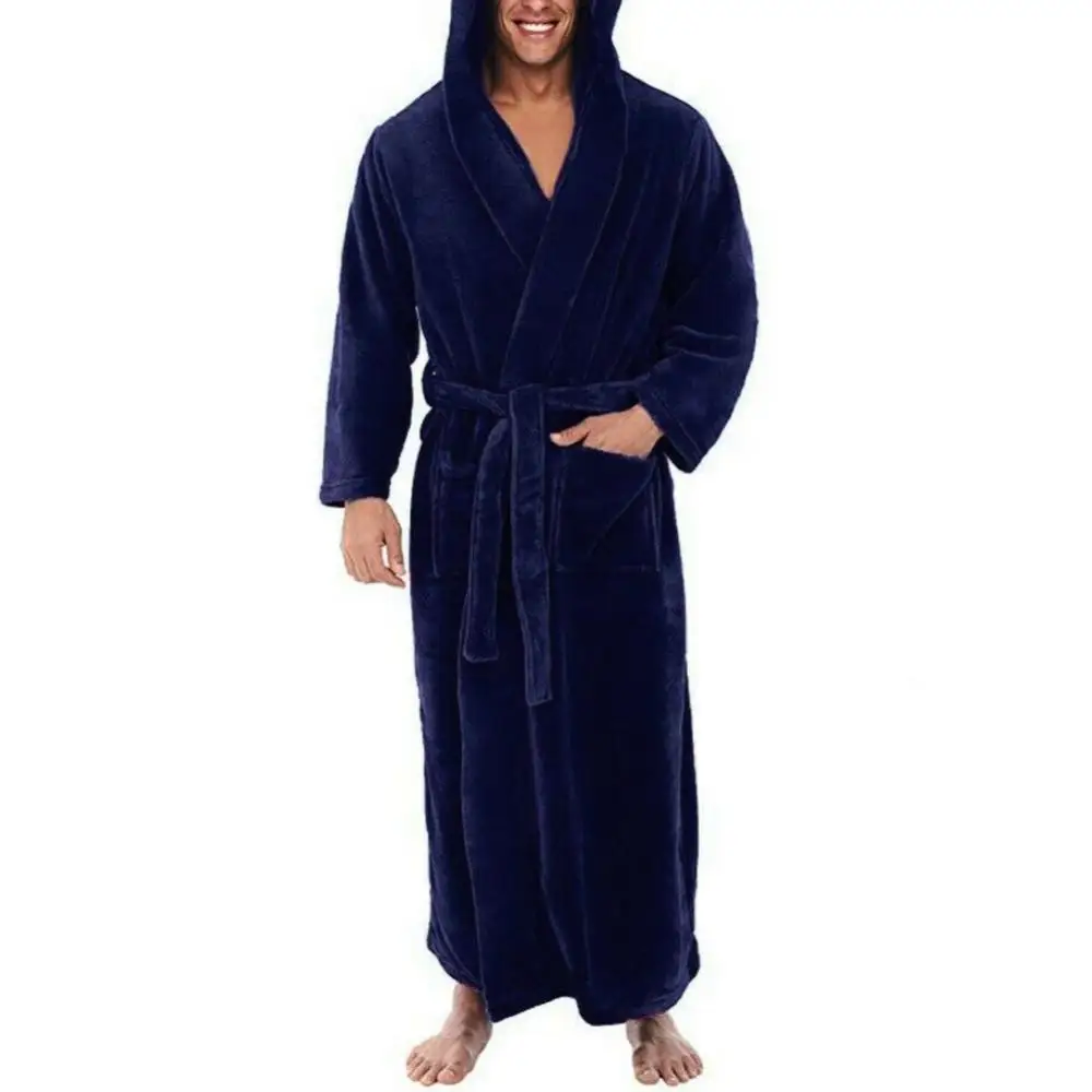 Bathrobe Pockets Male Robe Belt Soft Solid Color Cozy Luxurious Men's Hooded with Adjustable Ultra Absorbent with Plush Solid Co