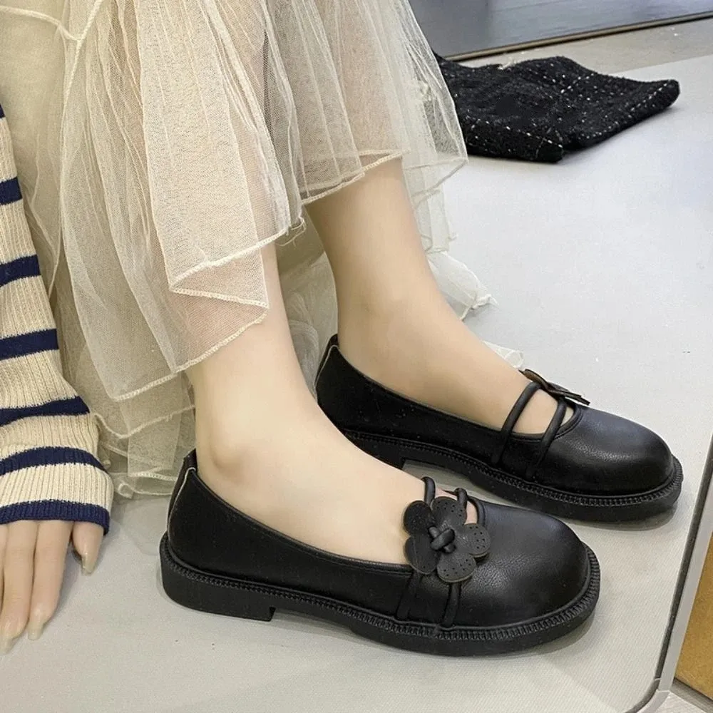 

Simple Flower Mary Jane Shoes Low-heel PU Leather Round Toe Flat Shoes Streetwear Anti-slip Ballerina Flats Women