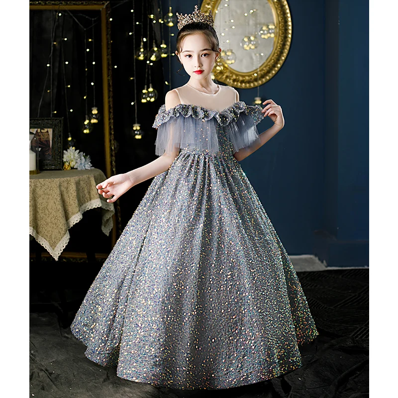 

4-12Y Girl Kids Sequin Evening Dress Gray Chiffon Off the Shoulder First Communion Gown Children Floor-Length Tulle Vestidos