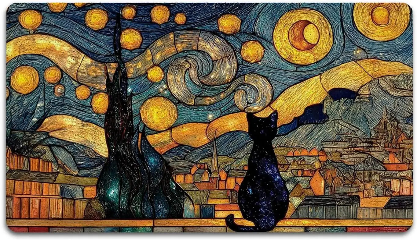 Bohemian Cosmic Cat Night Sky Runner Mat Area Rug Home Decor Celestial Galaxy Moon Starry Art Artwork Living Room Entryway Decor