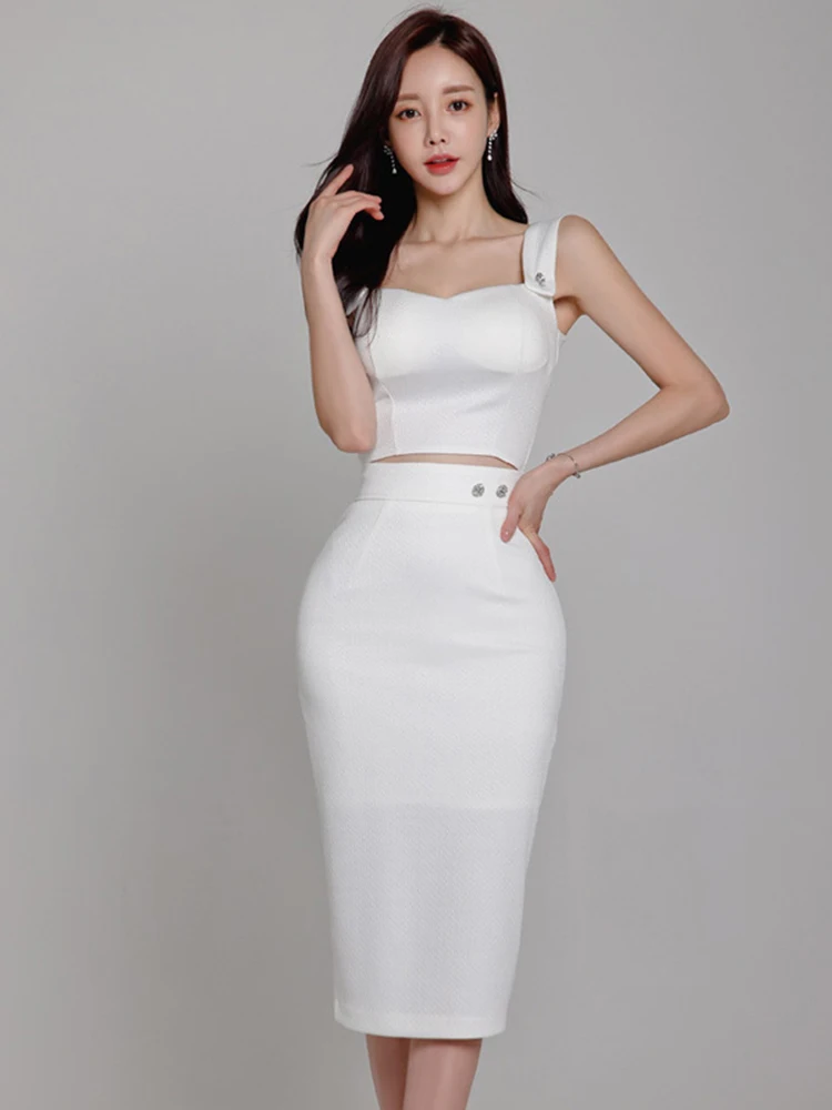 Summer White Sexy 2 Pieces Outfits Elegant Women Chic Strap Short Cropped Tops Shirt Blouse High Waist Midi Skirt Mujer Slim Set