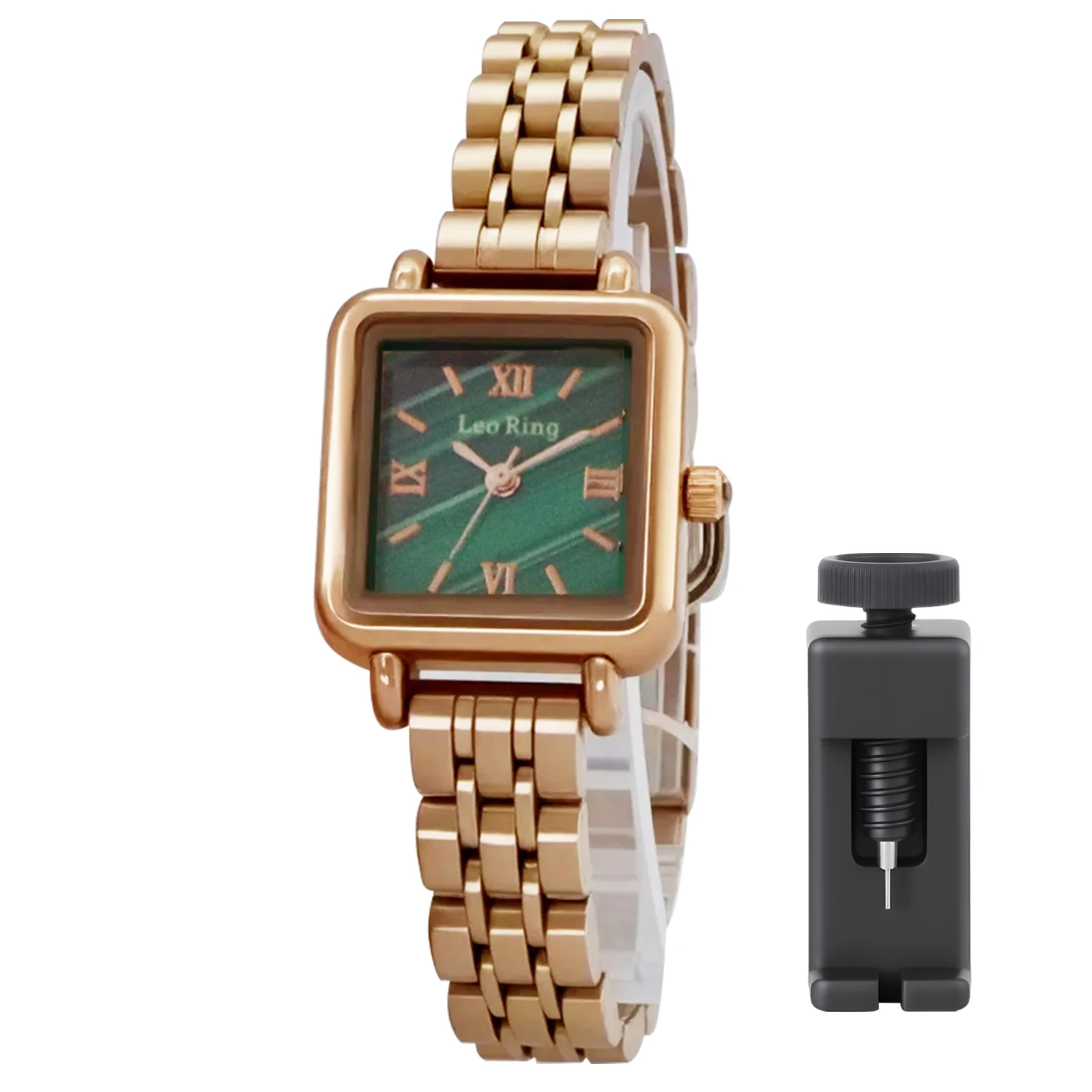 

LEO RING Women's Square Watch, Elegant Business Quartz Roman Numeral Display, Rose Gold Watch/Green Face Stainless Steel Strap