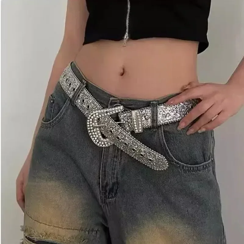 American Retro Punk Belt Women Rhinestone Glitter Waistband PU Leather  Adjustable Belt Y2K Trendy Black Silver for Club Party - AliExpress  200000297