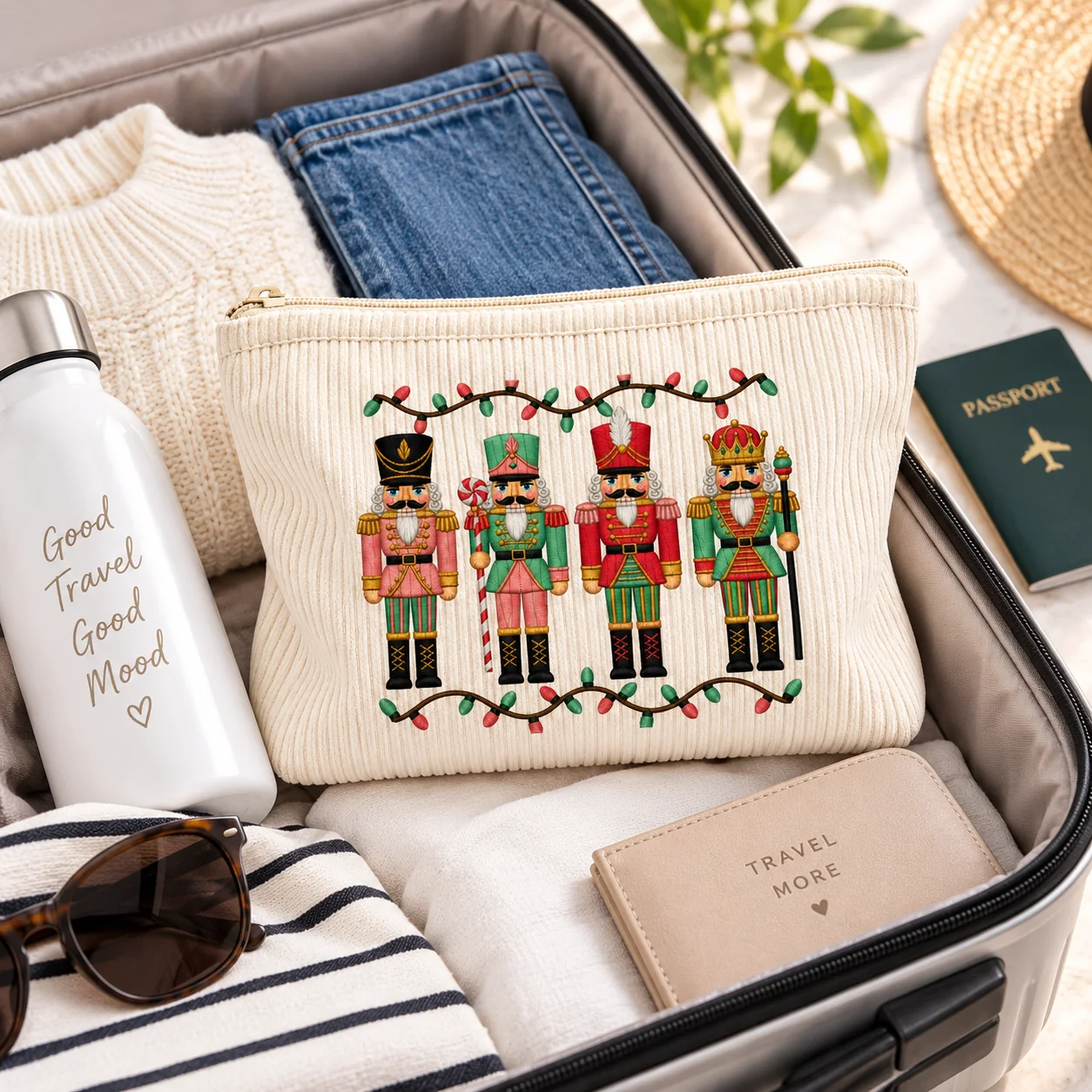 Corduroy Cosmetic Bag Nutcracker Print Makeup Pouch Large Capacity Toiletry Organizer Travel Storage Bag Women Beauty Case