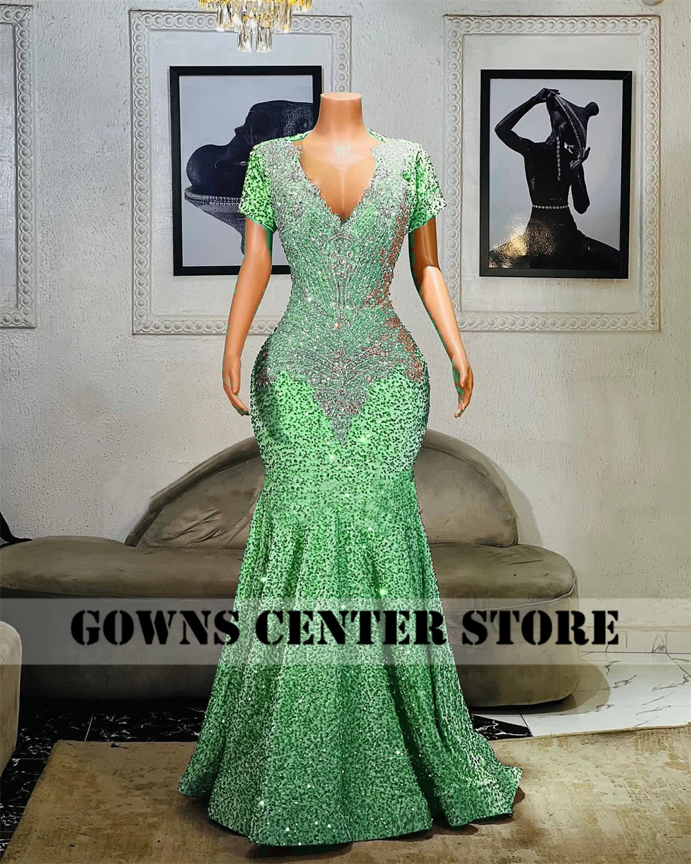 Vestidos de baile com lantejoulas com strass, mangas curtas, estilo Aso Ebi, vestido de festa africano, verde deslumbrante, lantejoula frisada