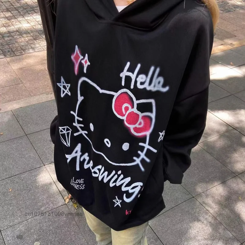 Sanrio Hello Kitty Hooded Sweater for Women, Cotton Chic, American Cute Print, Casual Pullovers, Versatile Top, Ins Autumn Cloth