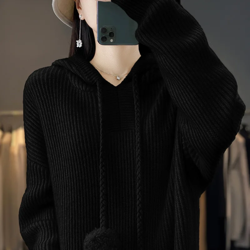 

100% Merino Wool Women Hooded Solid Color Sweater Dress Below The Knee Casual Soft Long Sleeves Clothing Comfortable Long Dress