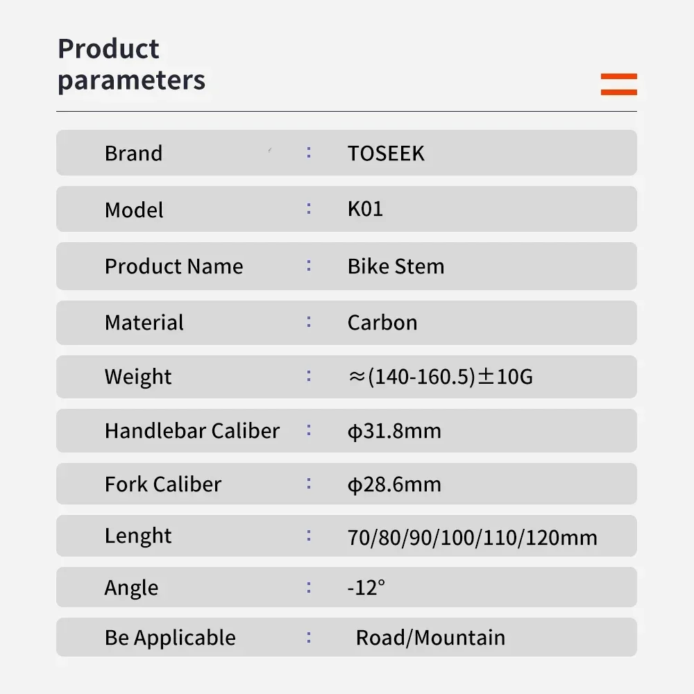 TOSEEK Full Carbon Bicycle Stem Ultralight MTB Power -12 Degree Road Mountain Bike Stem 70/80/90/100/110/120mm Bike Part