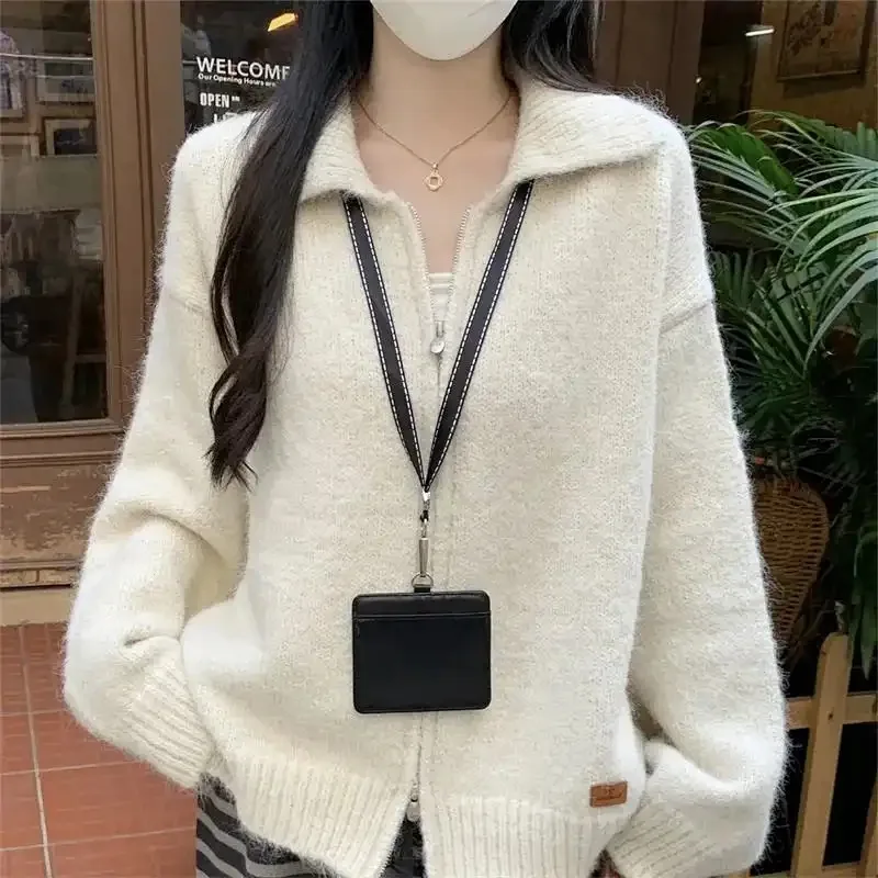 

Сплошной цвет, модный повседневный осенне-зимний кардиган на молнии, вязаная куртка с лацканами, утолщенный свободный топ