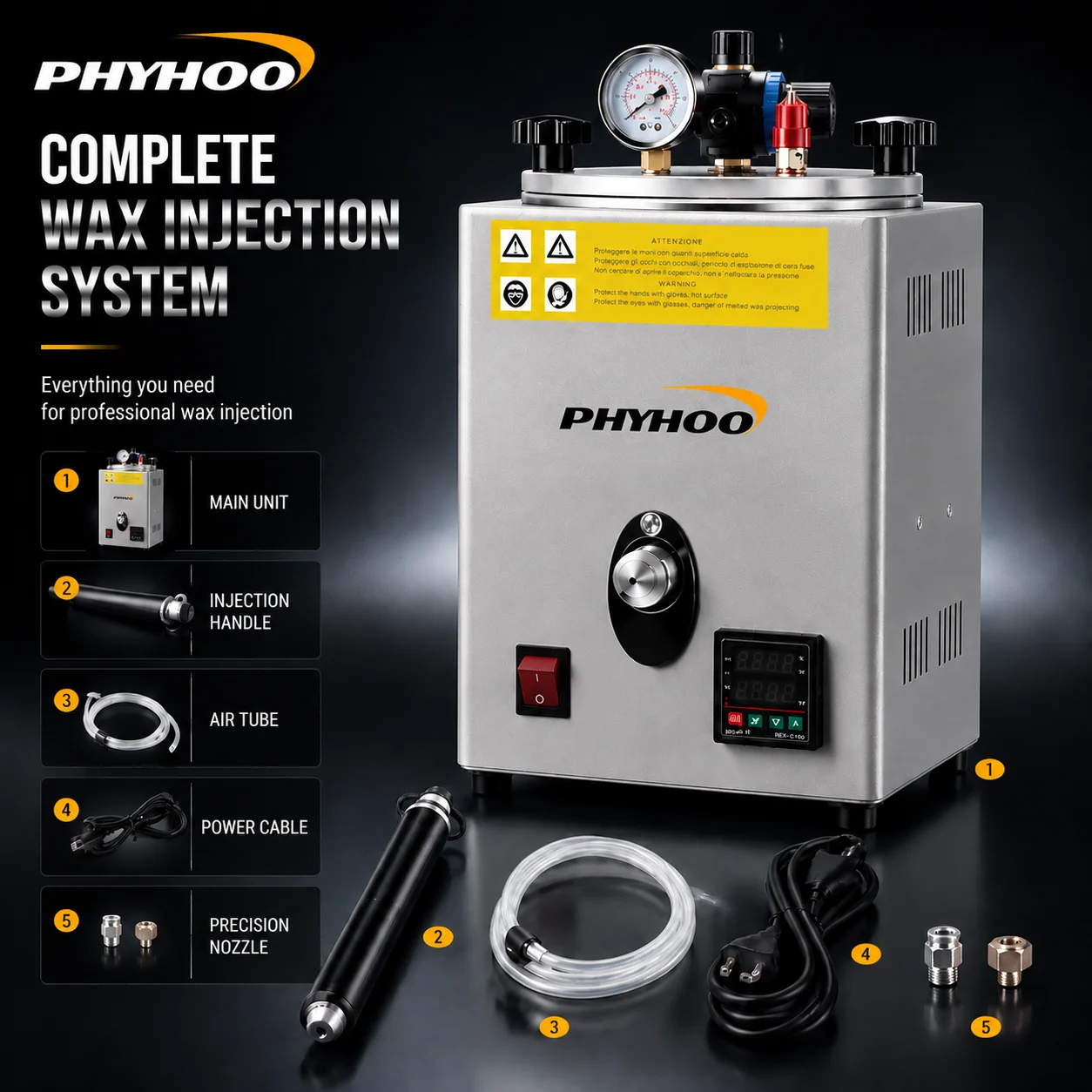 PHYHOO 8kg Professional Wax Injection Machine with Pressure Gauge and Digital Temperature Control for Jewelry Casting Mold Maker