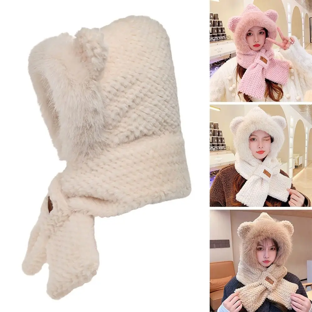 

Winter Windproof Integrated Cap Scarf Thickening Warm Beanie Hat Scarf Soft Casual Ear Protection Cap for Women