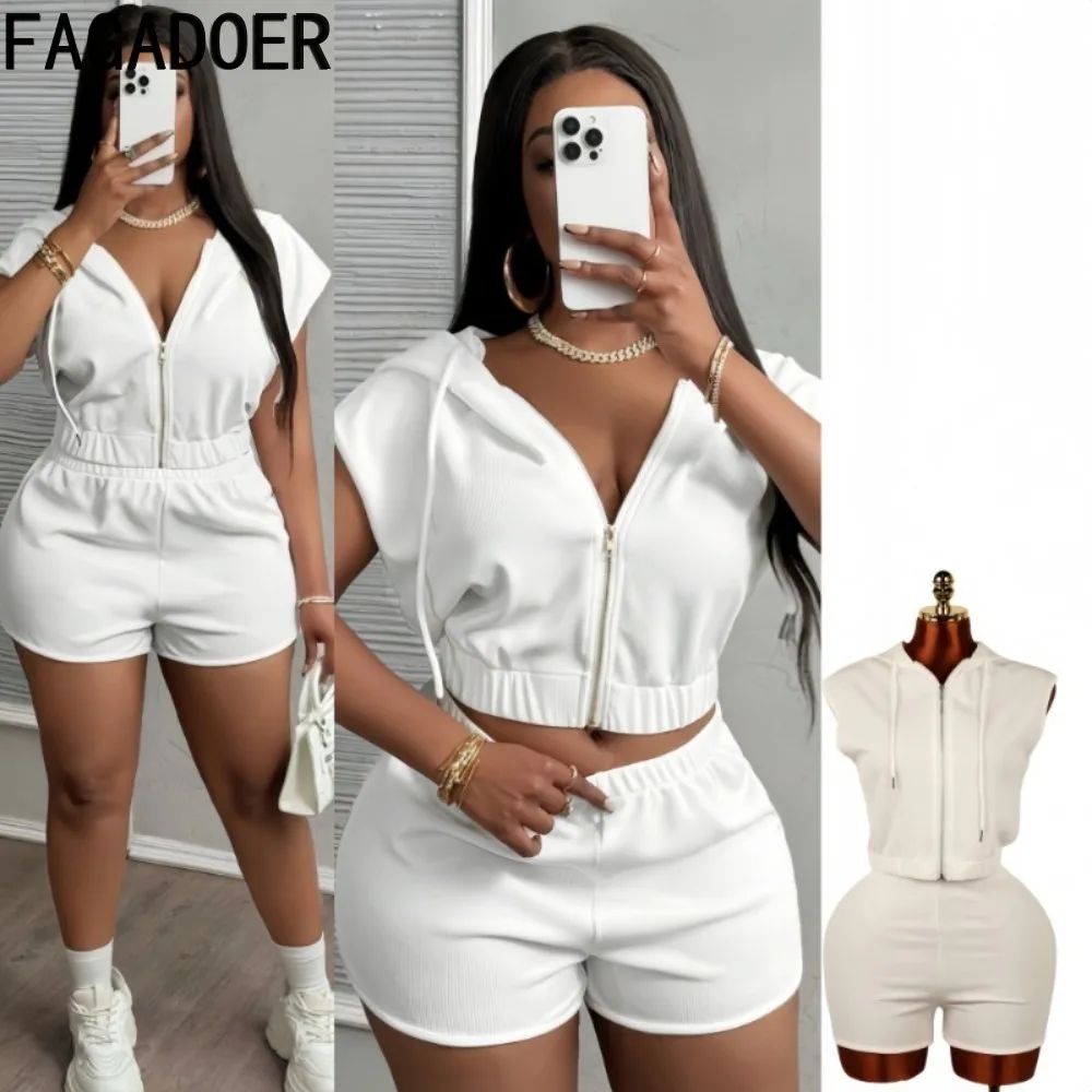 

FAGADOER Fashion 2 Pieces Set for Woman Outfits Solid Color Short Sleeve Hooded Crop Top and Shorts Suits Female Streetwear New