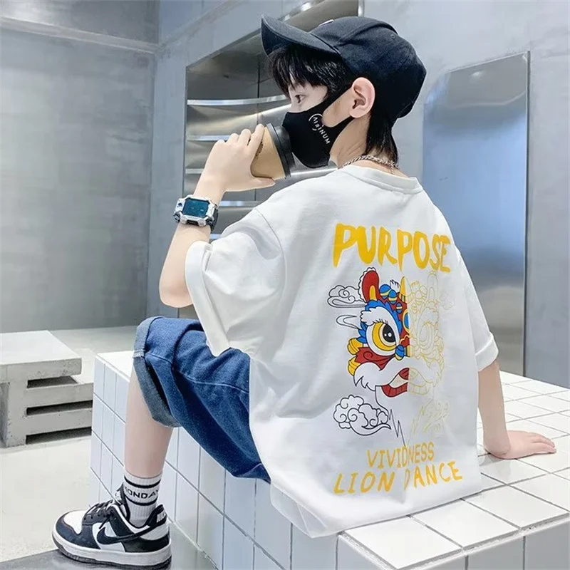 2023 Summer Children\'s Clothing Fashion Printing Cartoon T-shirt Boys and Girls\' Clothing Chinese Style Street Short Sleeve Tops