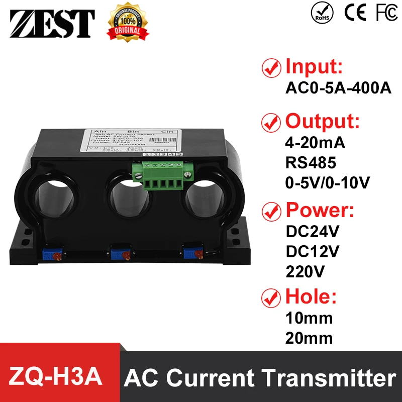 

ZQ-H3A Three Phase Split Core Hall AC Current Transmitter Input 0-5A 0-10V 4-20mA Output Analog Signal Converter Current Sensor