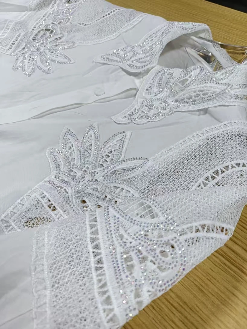 

Luxury Design Bling Sequin Hollow Out Embroidery Cotton Shirts and Blouse for Woman White Long Sleeve Top Blusas Women Clothing