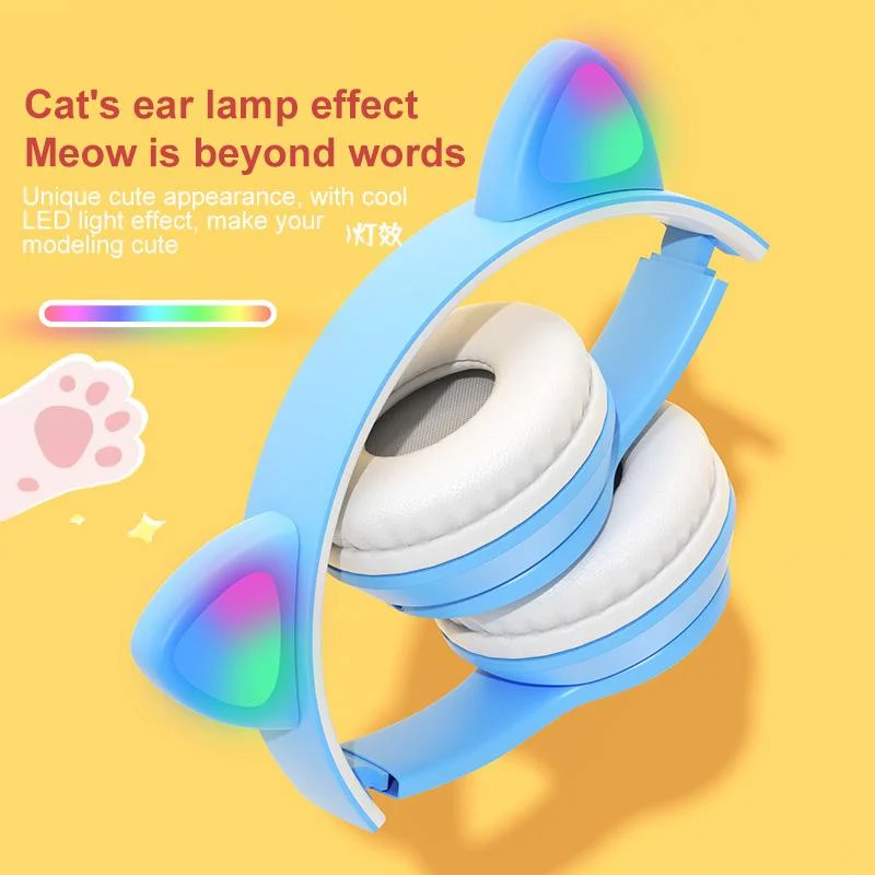 Cute Kitten Ears Fone de ouvido Bluetooth sem fio, LED piscando, fones de ouvido para meninas infantis, Sport Touch, HIFI Stereo Headset, P47m