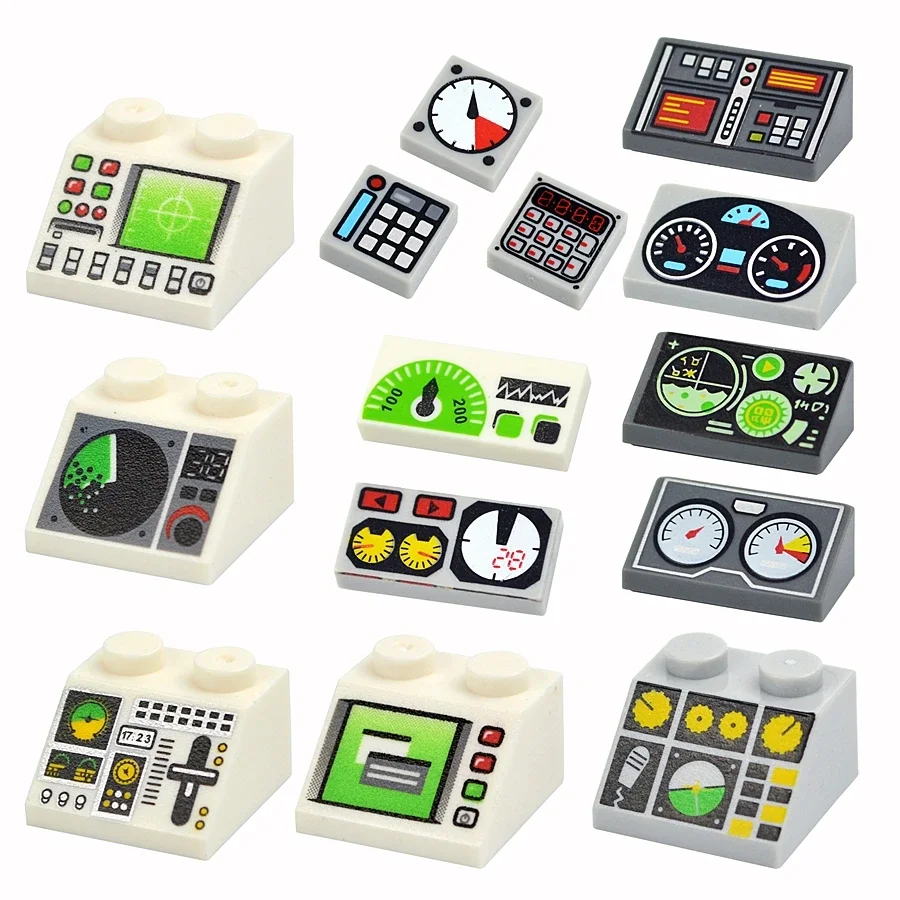 DlY Bricks 10Pcs Printed Tile Meter Dash Board Control Center 1x1 1x2 2x2 Smooth Slope Building Blocks Assembles 85984 3039 3070