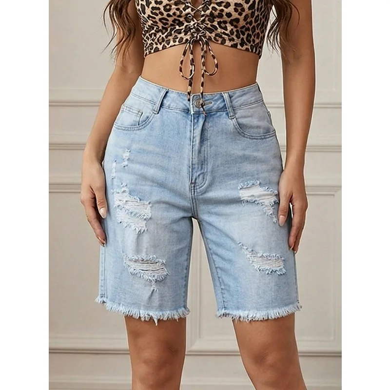 Shorts Bermuda de Mezclilla Desgastada de Cintura Alta para Mujer 2026, Shorts Vaqueros Rotos hasta la Rodilla con Dobladillo Deshilachado y Bolsillos, Prendas Inferiores Casuales de Verano Estilo Y2K Streetwear