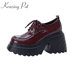 Krazing Pot Sheep Leather Round Toe Thick Bottom Fashion Shoes Metal Decorations Mature Street Wear Punk Lace-up Maiden Pumps