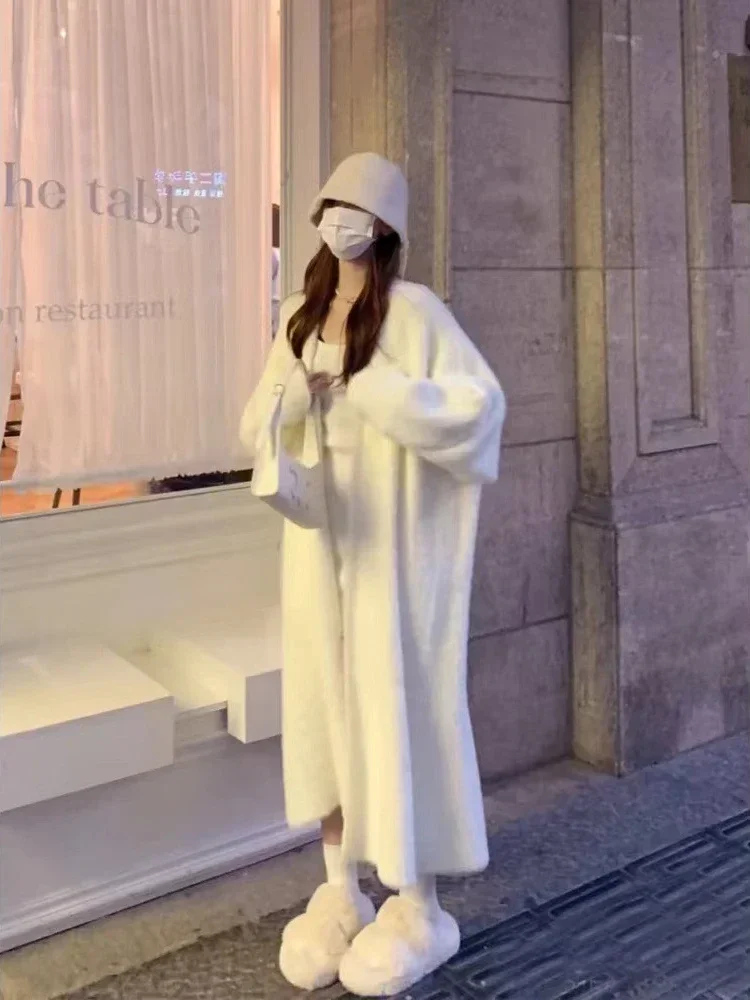 Elegante Vintage Gestrickte Mantel Winter Weiche Lose Jacke Koreanische Casual Herbst Winter Pelz Strickjacke Frauen Einfarbig Lange Pullover