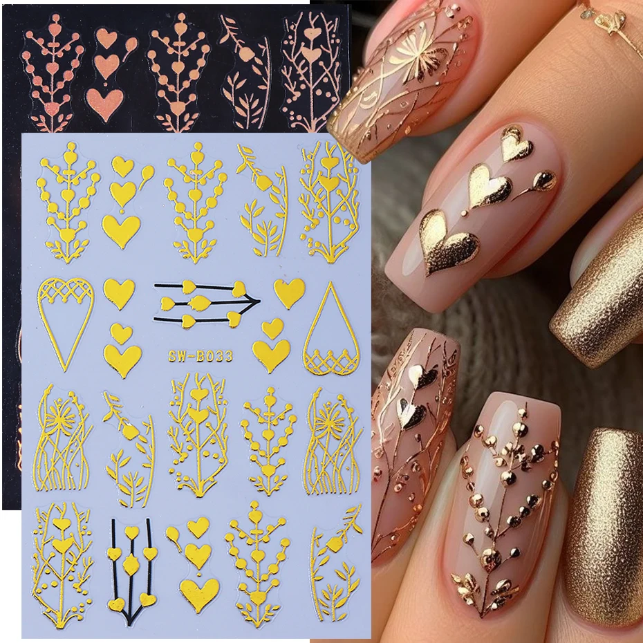 2 uds flores bronceadas pegatinas para decoración de uñas Metal de lujo pétalos de corazón dorados línea de vid geometría calcomanías para uñas decoración de manicura deslizador