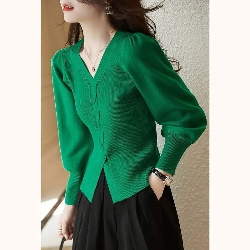 

Красный свитер с v-образным вырезом во французском стиле, стильный осенне-зимний новый пуловер с короткими пышными рукавами