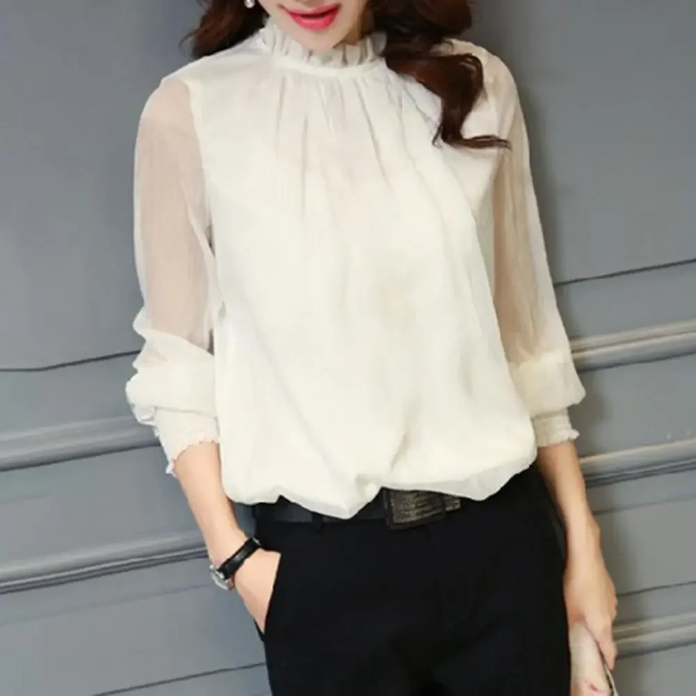 

Перспективная сетчатая рубашка с эластичными манжетами, женская рубашка, элегантный воротник с рюшами, однотонная шифоновая рубашка, блузка