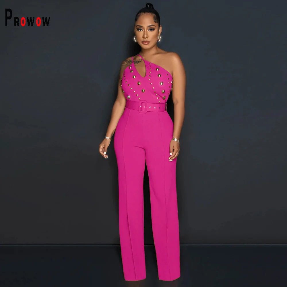 Prowow Sexy One-piece Women Jumpsuits 2024 New High Waisted Fashion Rivet Birthday Party Nightclub Wear Solid Color Clothing