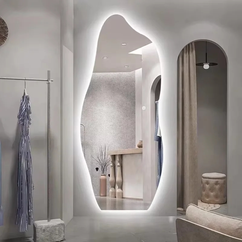 Modern LED Wall-Mounted Barber Shop Hairdresser Desk Glass Mirror Station with Simple Salon Furniture Haircutting