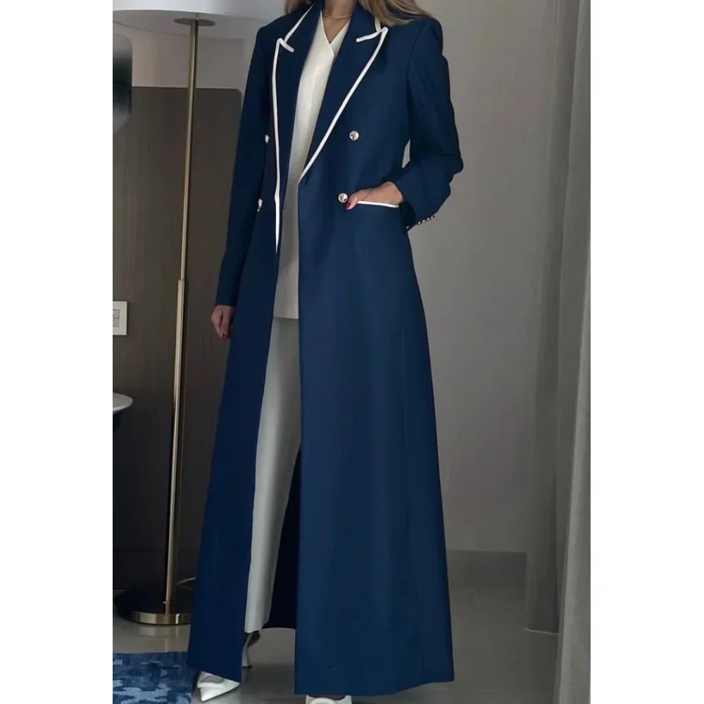 

Fashion Blue Women's Blazer Elegant Peak Lapel Double Breasted Long Coat Basics Formal Casual Office Lady Jacket 1 Piece Traf