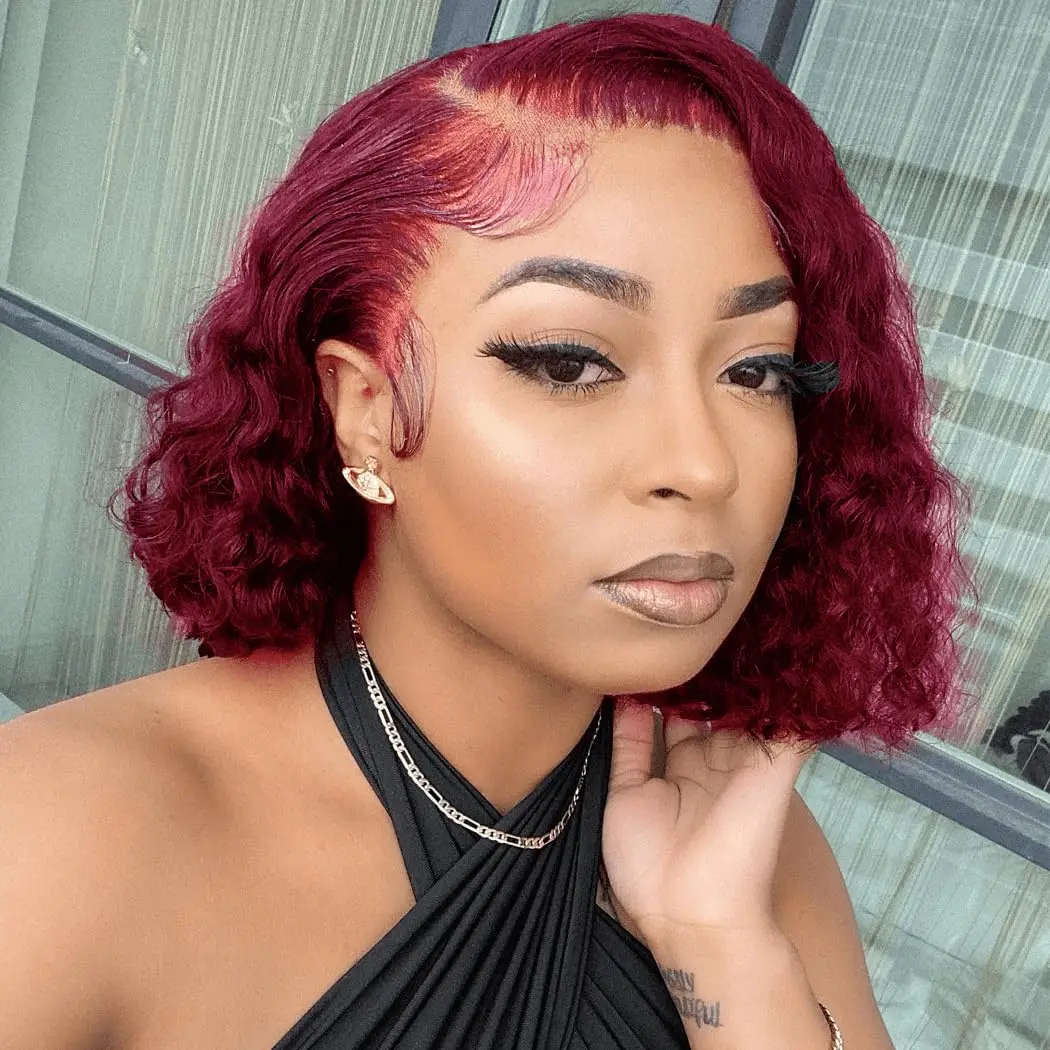 

Brazilian Deep Wave Frontal Wig Transparent 13x4 Lace Human Hair Wigs 99J Burgundy for Women Curly Short Bob Pre Plucked 180%