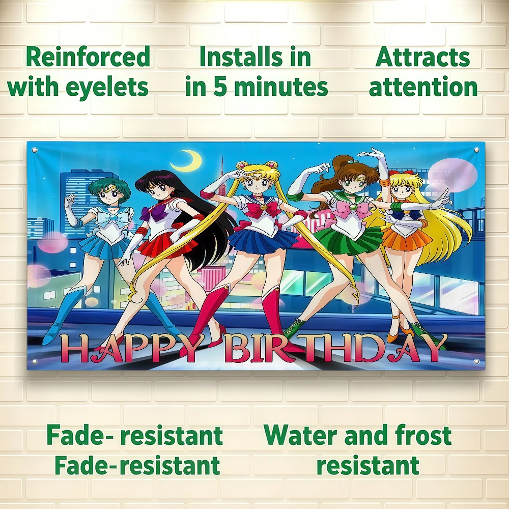 S-Sailor M-Moon-ES Anime Cartoon flag For Room Dorm Camping Picnic Art Style Garage Bar wall Decoration Banner