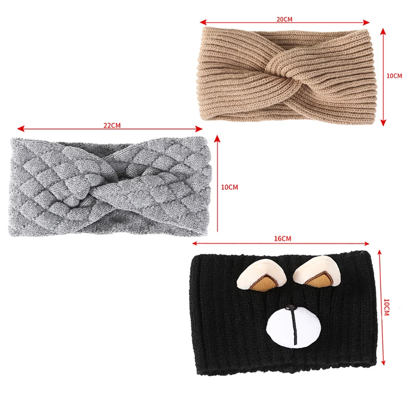 AWAYTR Cute Bear Knitted Turban Headband Autumn Winter Warm Elastic Hair Band Cross Headwrap Bandana for Women Hair Accessories