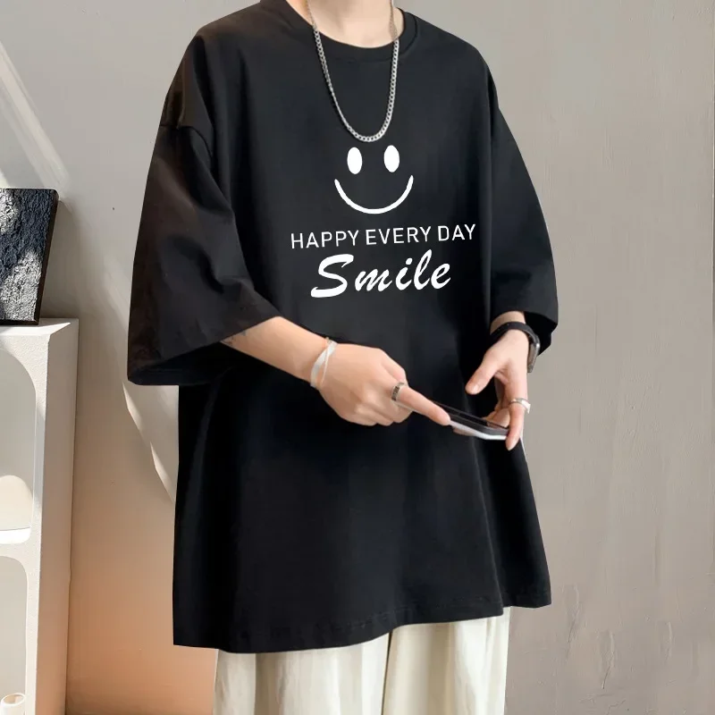 Cotton Men's T-shirt Fashionable Trend Smiling Face Pattern Oversized White Clothing Pure Breathable Aesthetic Dress Up HIP HOP