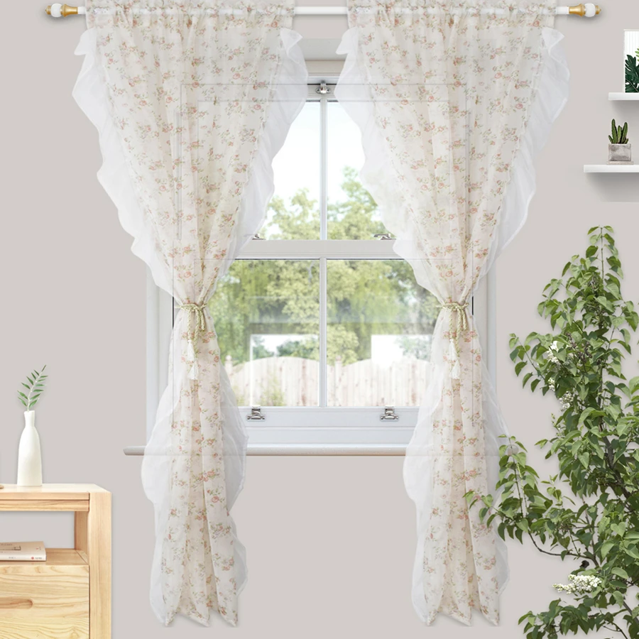 Pastoral Small Floral Sheer Window Curtain for Living Room, Bedroom, Balcony and Kitchen, White Flounce Decoration, 1 Panel