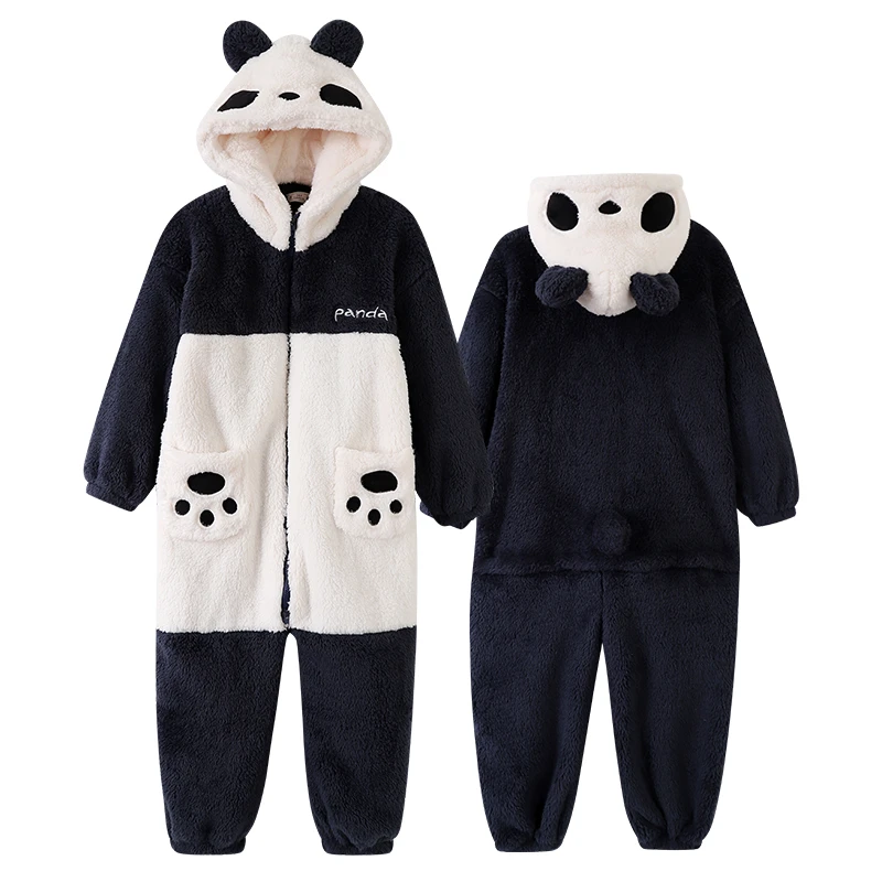 Eltern-kind-Outfit Pijamas Overalls Kawaii Cartoon Panda Frauen Männer Nachtwäsche Hoodies Winter Verdicken Pyjamas Onesie Pyjamas