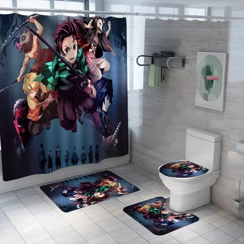 Japanese Anime Shower Curtain Demon Slayer 3D Print Bath Set Cartoon Pattern Screen Cover Kawaii Loli Girl Bath Curtain for Kids